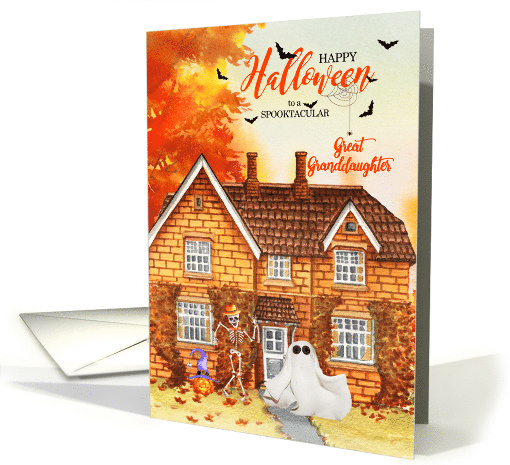 Great Granddaughter Halloween Home with Ghost and Skeleton card