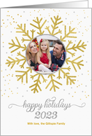 Golden Snowflake on White with Silver Happy Holidays Photo card