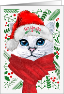 White Norwegian Forest Cat Ho Ho Ho Santa Hat Meowy Christmas card