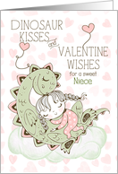 Young Niece Valentine Wishes Dinosaur Kisses Pink and Green card