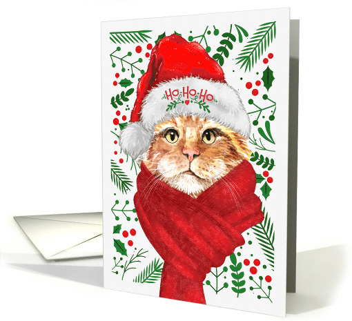 Bobtail Cat Ho Ho Ho Santa Hat Meowy Christmas Kitty card (1752244)