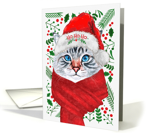Gray Longhaired Tabby Cat Ho Ho Ho Santa Hat Meowy Christmas card
