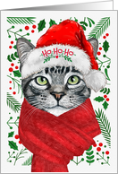 Gray Short Haired Tabby Cat Ho Ho Ho Santa Hat Meowy Christmas card