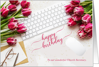 Church Secretary’s Birthday Pink Tulips and Desktop with Keyboard card