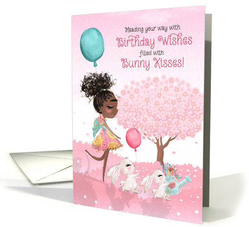 Girls Birthday Wishes Filled with Bunny Kisses Brown Skinned Girl card