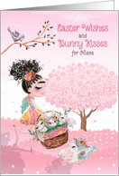 for Niece Easter Wishes Bunny Kisses Girl Skipping with Bunnies card