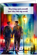 Love and Romance Gay Men Hand in Hand Rainbow Cityscape card