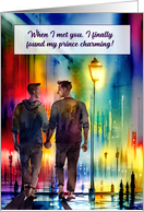 Gay Spouse Anniversary Men Hand in Hand Rainbow Cityscape card