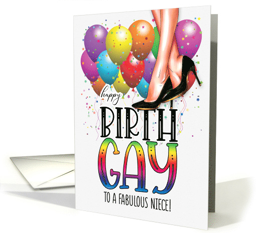 for Niece Happy Birth GAY Female Legs Rainbow and Balloons card