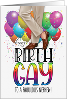 Nephew Happy Birth GAY Slacks and Loafers Balloons and Rainbow card