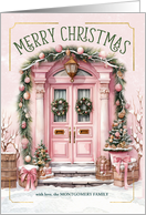 Merry Christmas Front Porch in Pink and Green Custom Name card