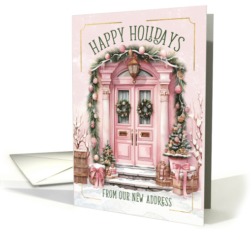 Happy Holidays New Address Front Porch in Pink and Green card