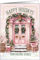 Happy Holidays New Address Front Porch in Pink and Green card