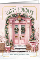 Happy Holidays Front Porch in Pink and Green Custom Name card