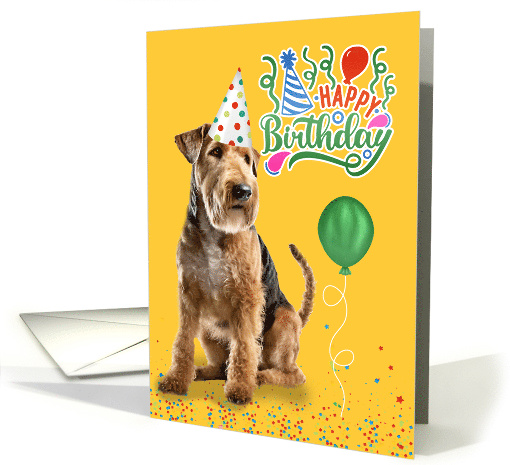 Belated Birthday Airedale Terrier Dog in a Party Hat on Yellow card