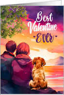 Best Valentine Ever Young Couple and Dog Watercolor Scenic card