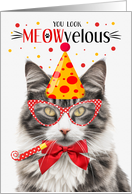 Gray White Fluffy Tabby Cat MEOWvelous Birthday card