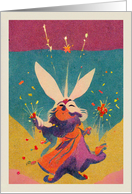 Congratulations Rainbow Rabbit with Sparklers and Fireworks card