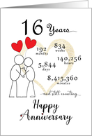 16th Wedding Anniversary Stick Figures and Red Hearts card