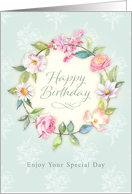 Pretty Floral Birthday Wreath of Delicate Watercolor Flowers card