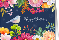 Birthday with Pretty Colorful Garden Flowers and Sweet Bird card
