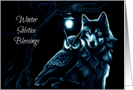 Winter Solstice Blessing Yule with Owl and Wolf card