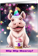 5th Birthday Super Cute Hippo in a Party Hat and Festive Cupcake card