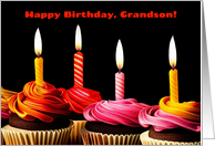 Grandson Happy Birthday Cupcakes and Candles with Flames card