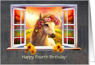 4th Birthday with Pony Flowers and Window Customizable Cute card