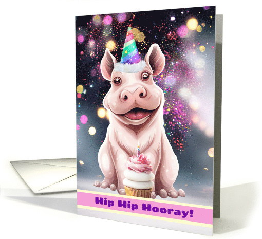 Happy Birthday for Kids with Cute Hippo and Cupcake Festive card