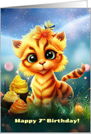 7th Birthday Cute Tiger with Cupcakes and Flowers Fantasy card