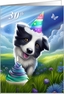 Happy 30th Birthday Cute Dog and Cupcake Party Hat and Butterfly card