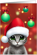 Christmas Happy Holidays with Cute Cat in Santa Hat and Ornaments card