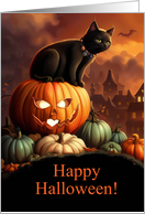 Halloween Black Cat and Jack O Lantern with Colorful Pumpkins card