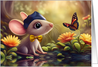 Thinking of You Cute Mouse in a Beret and Butterfly with Flowers card