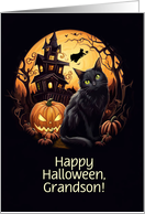 Grandson Happy Halloween Spooky Scene Haunt House Cat Custom card