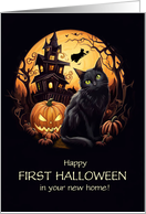 1st Halloween in New Home Cute Haunted House with Cat Witch Custom card
