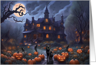 Happy Halloween Huanted with Black Cats and Jack O Lanterns Haunted card