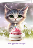 Birthday Kitten Cat with Pretty Flowers and Stars Pink Cupcake Custom card