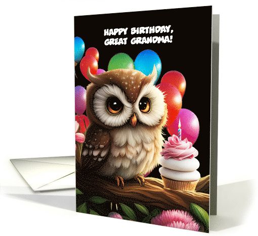 Great Grandma Happy Birthday Custom Cute Owl and Pink Cupcake card