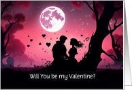 Be my Valentine Cute Couple Silhouetted in the Moonlight Hearts card
