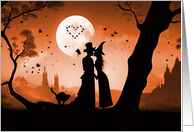 Halloween Wedding Cute Couple Top Hat and Witch Hat Moonlight card