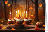 Autumn Fall Happy Birthday with Pretty Cupcakes and Falling Leaves card