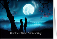Anniversary of 1st Date Cute Couple in the Moonlight by Water Custom card