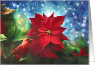 Seasons Greeting with Cardinal and Poinsettia Flowers Pretty card