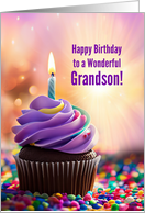 Grandson Happy Birthday with Birthday Cupcake and Candle Festive card