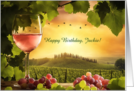 Birthday Custom Name on Cover Rose Wine and Glass Vineyard card