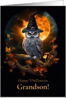 Grandson Happy Halloween with Owl and Warlock Hat Moon Cute card