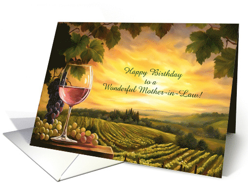 Mother in Law Happy Birthday Glass of Wine and Vineyard Custom card