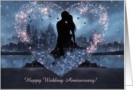 Anniversary for Wedding Cute Couple Silhouette with City Custom Text card